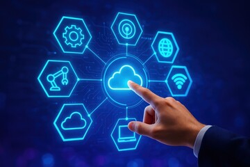 Digital Touch: An insightful visualization of interconnected cloud technology. A finger delicately interacts with a digital cloud, representing seamless connectivity and data access