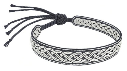 Nordic inspired bracelet with intricate silver braid pattern, black leather base, adjustable cord closure, and traditional Scandinavian design, perfect for casual or festive wear