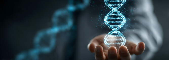 Tecnologia medica. Medico con tra le mani ologramma di dna di paziente, cartella clinica elettronica. Sanità digitale e globale su schermo virtuale ologramma, tecnologia sanità