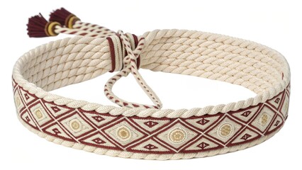 Traditional woven belt with geometric pattern, cream and maroon color, featuring diamond shapes and tassel ends, often used in cultural or ceremonial attire, elegant and detailed