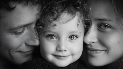 Black and white close-up portrait of happy family faces smiling together