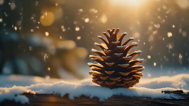 A solitary pinecone rests on a snow-covered surface, illuminated by the soft, warm glow of winter sunlight filtering through falling snowflakes. Merry Christmas video background.