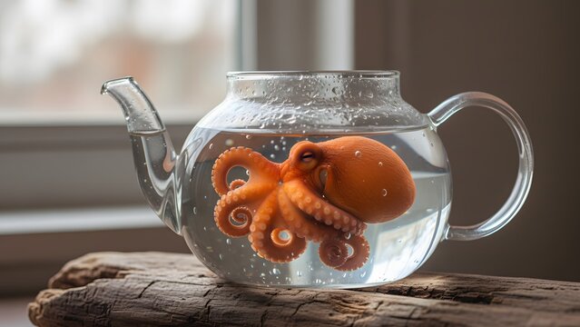 Curious orange octopus swims peacefully inside a delicate glass teapot, resting on weathered driftwood, creating a whimsical, surreal, underwater scene