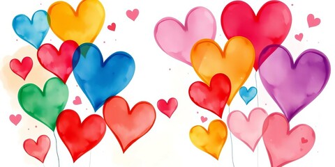 Whimsical watercolor hearts in vibrant hues, romantic Valentine's Day design,  pastel,  romantic art