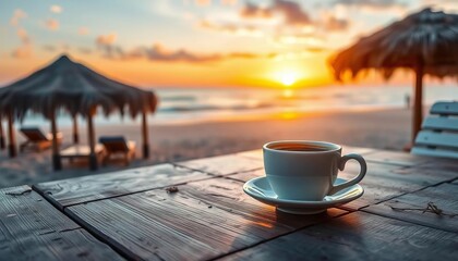 White coffee cup on rustic wooden table, beach sunset, travel, landscape