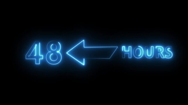 Neon 48 hours animation.  Neon timer hours on black background. Neon count text number.