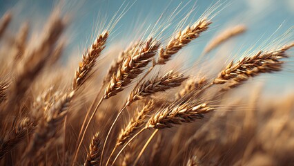 Fototapeta premium Golden Wheat Field Close-Up Under Blue Sky | Natural Agriculture Background