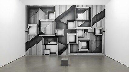 Empty square room with Reworked architectural photo resembling stair-step decorative panel