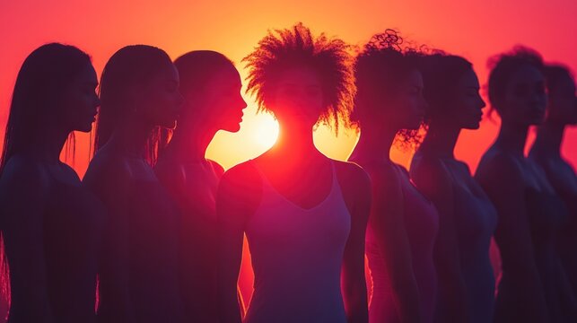 Silhouettes of women at sunset, facing the sun, possible use for motivational poster, group portrait, empowerment - Powered by Adobe