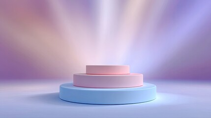 Three-tiered podium in pastel colors with soft lighting and gradient background suitable for showcasing products or presentations in modern design