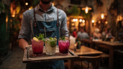 Bartender serves colorful cocktails on a wooden tray in a cozy restaurant at night