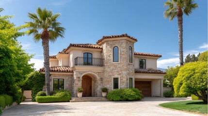 Obraz premium Elegant Mediterranean-style home with natural stone exterior, palm trees, and manicured garden under a clear blue sky in a luxurious residential neighborhood.
