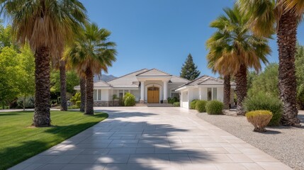 Fototapeta premium Elegant suburban home with palm trees and landscaped yard under clear blue sky, showcasing modern architecture and inviting entrance pathway