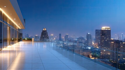 Obraz premium Modern Urban Rooftop View at Dusk with City Skyline, Glass Railings, and Soft Lighting in a Contemporary Architectural Setting