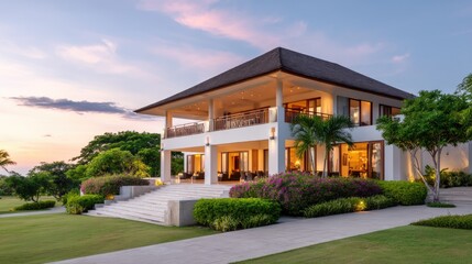 Luxurious modern villa with serene landscaping and beautiful sunset view, perfect for relaxation and leisure in an upscale destination