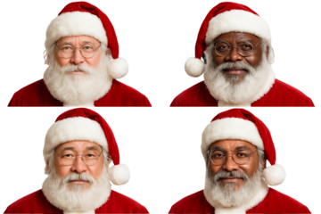 Png set of diverse santas in festive red suits isolated on transparent background. concept of christmas celebration, multicultural holiday icons, winter season symbols.