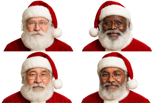 Png set of diverse santas in festive red suits isolated on transparent background. concept of christmas celebration, multicultural holiday icons, winter season symbols. - Powered by Adobe