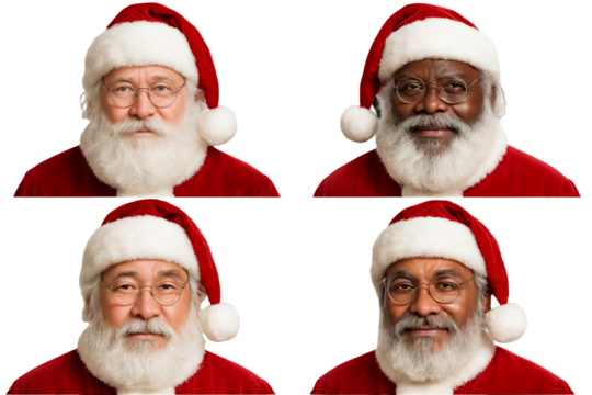 Png set of diverse santas in festive red suits isolated on transparent background. concept of christmas celebration, multicultural holiday icons, winter season symbols.