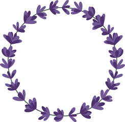 A circular wreath made of stylized purple lavender flowers and green stems, creating a decorative border with a white center.