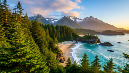 Breathtaking coastal landscape with lush green pine forests meeting the turquoise ocean under a majestic mountain range at sunrise