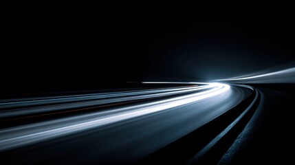 Smooth flow of blurred white and blue headlight streaks on a dark, empty highway scene. High quality