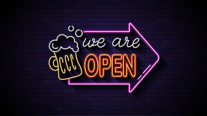 A neon sign reading we are open. We are open neon sign in vibrant colors. Suitable for businesses to promote their opening hours and attract customers with bright signage.