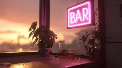 Colorful bar neon sign shines through window as sunset creates a warm glow in a cozy indoor space with rain outside