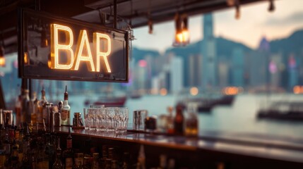 Neon bar sign lights up a lively waterfront scene in Hong Kong during sunset