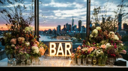 Beautiful bar setup with floral decorations and skyline view during sunset in a city