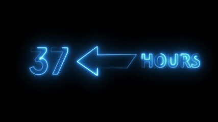Neon 37 hours animation.  Neon timer hours on black background. Neon count text number.
