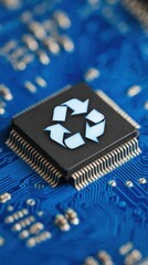 Recycling symbol on a computer chip emphasizes the importance of sustainable technology practices