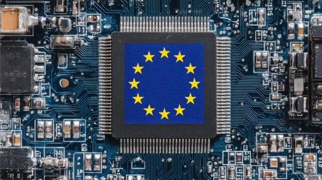 European Union flag on computer microchip representing technology and integration