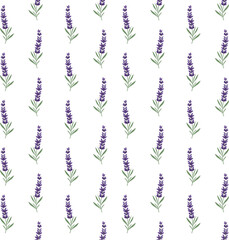 Repeating pattern of stylized lavender sprigs with purple flowers and green leaves, arranged on a white background.