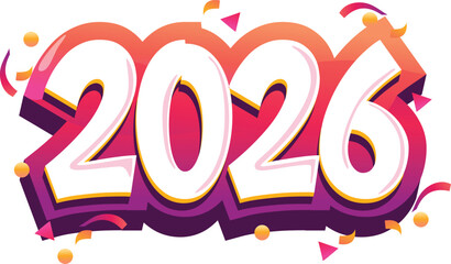 Stylized vector graphic of the year 2026 in bold white numbers with a colorful gradient background and confetti accents.