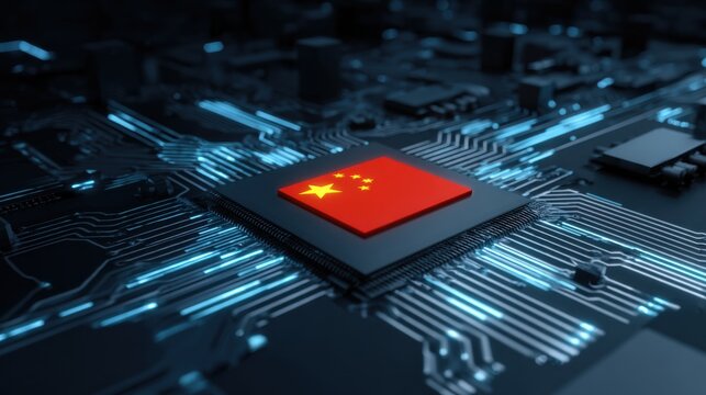 Digital circuit board featuring a microchip with the Chinese flag in the center, illustrating technology and nationalism in modern computing - Powered by Adobe