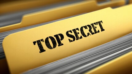 Yellow folder with the words top secret printed in bold black letters on a desk with other files and documents