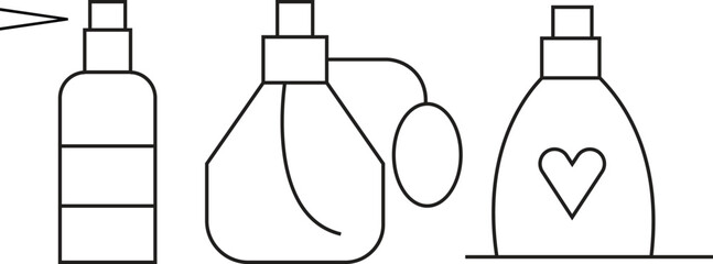 Perfume bottle icons set with various spray designs for fragrance and cosmetic packaging isolated on transparent background.