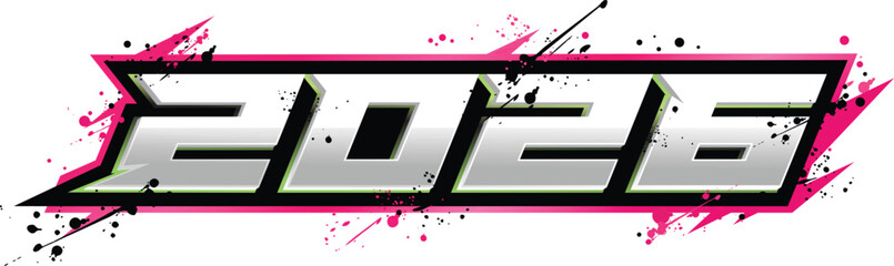 Graphic design featuring the year 2026 in a stylized, futuristic font with pink and black splatter effects.