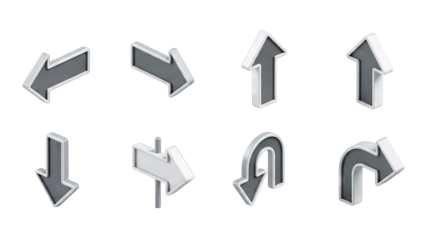 Collection of Gray Directional Arrows in Isometric Perspective on Transparent Background with Subtle Shading and 3D Effect Ideal for Web Design and Navigation Elements