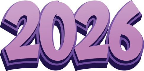 Stylized illustration of the year 2026 in shades of purple with a dark purple drop shadow effect.