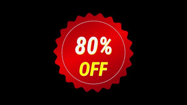 Red circular sticker with the text "80% OFF" video indicating a discount offer. Icon motiongraphic transparent video