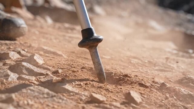Close up of a trekking pole tip hitting the dusty ground on a mountain trail, showing the details of the rocky terrain during an outdoor adventure