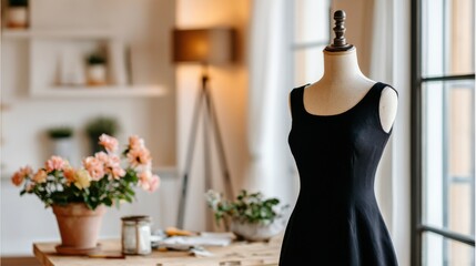 Elegant black dress displayed in a bright room with floral decorations and warm lighting