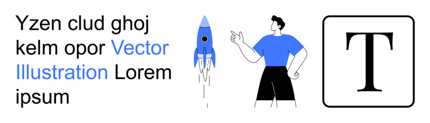 Business innovation, technology advancement, education, visual design, startup, marketing. A man gestures at a rocket, with bold T and text. Business innovation and technology advancement concept