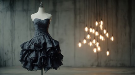 Elegant black cocktail dress displayed in a stylish, modern venue with a unique lighting design in the background