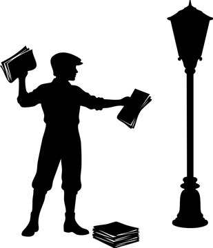 Newspaper Boy Distributing Papers Beside Street Lamp Silhouette