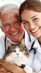 Veterinary professionals smiling with a cat in a clinic environment during daylight hours
