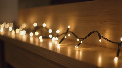 A string of warm white fairy lights draped along a wooden surface, creating a cozy and festive atmosphere. Merry Christmas video background. - Powered by Adobe
