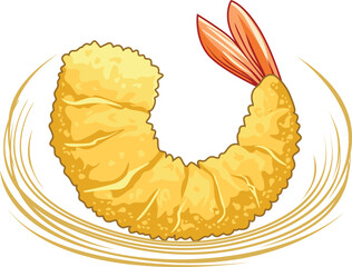 Illustration of a golden-brown fried shrimp tempura, curled on a plate with artistic swirl lines.