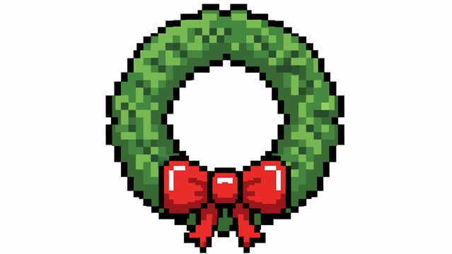 Pixel Art Christmas Wreath with Red Bow Decoration